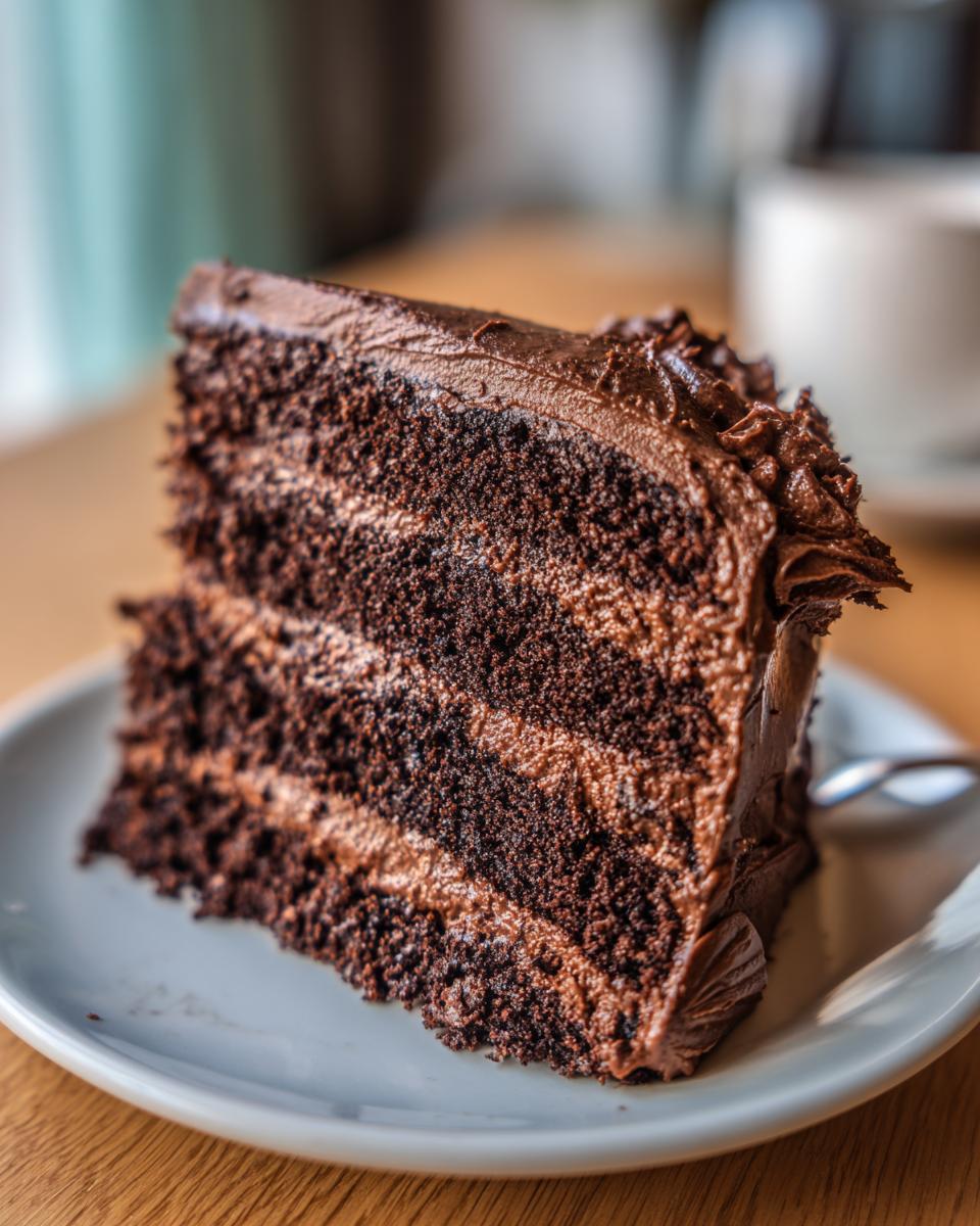 Close-up of a slice of Guinness Chocolate Layer Cake on a plate, showing layers and frosting.