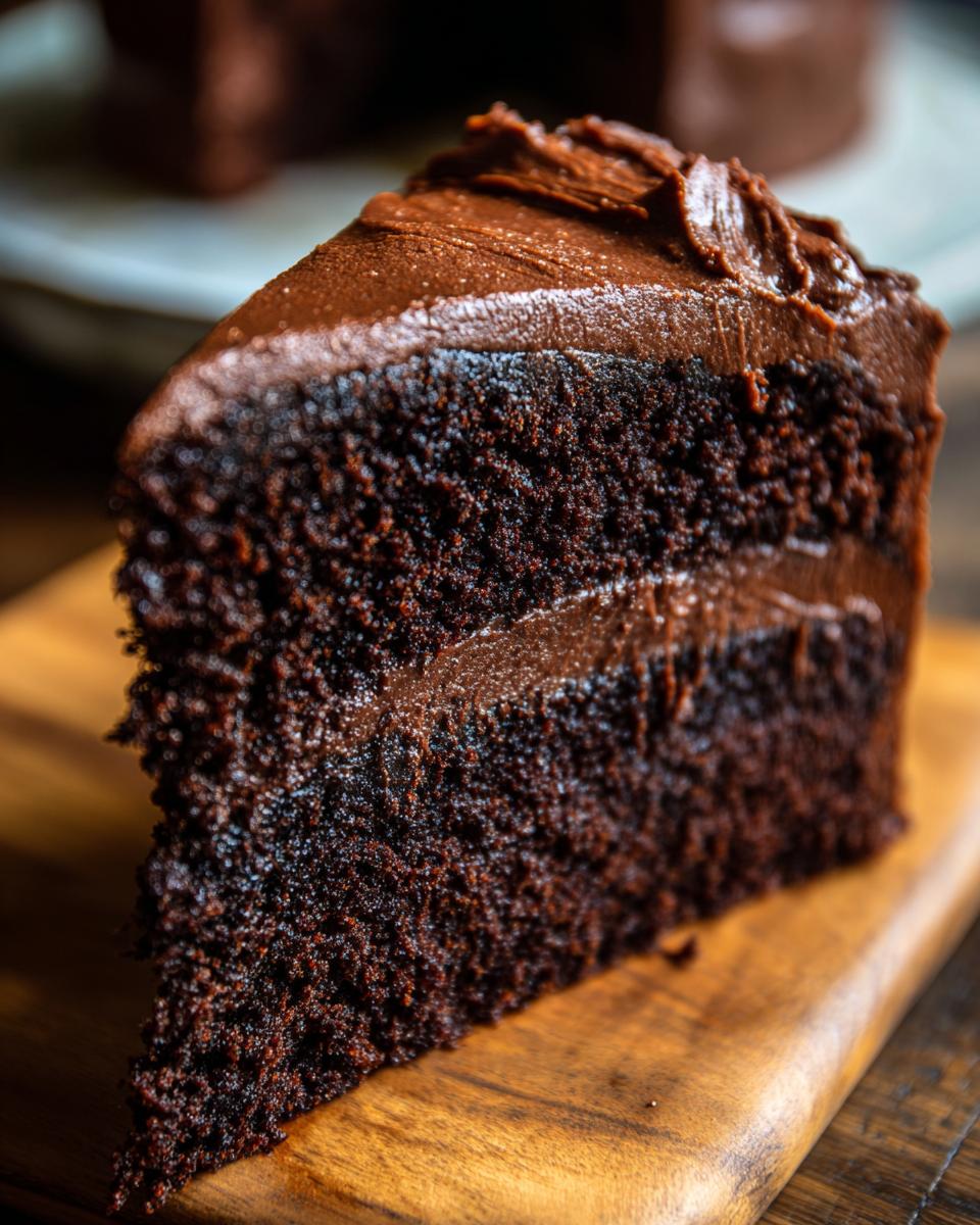 Close-up of a slice of Guinness Chocolate Layer Cake on a wooden board, showing layers and frosting.