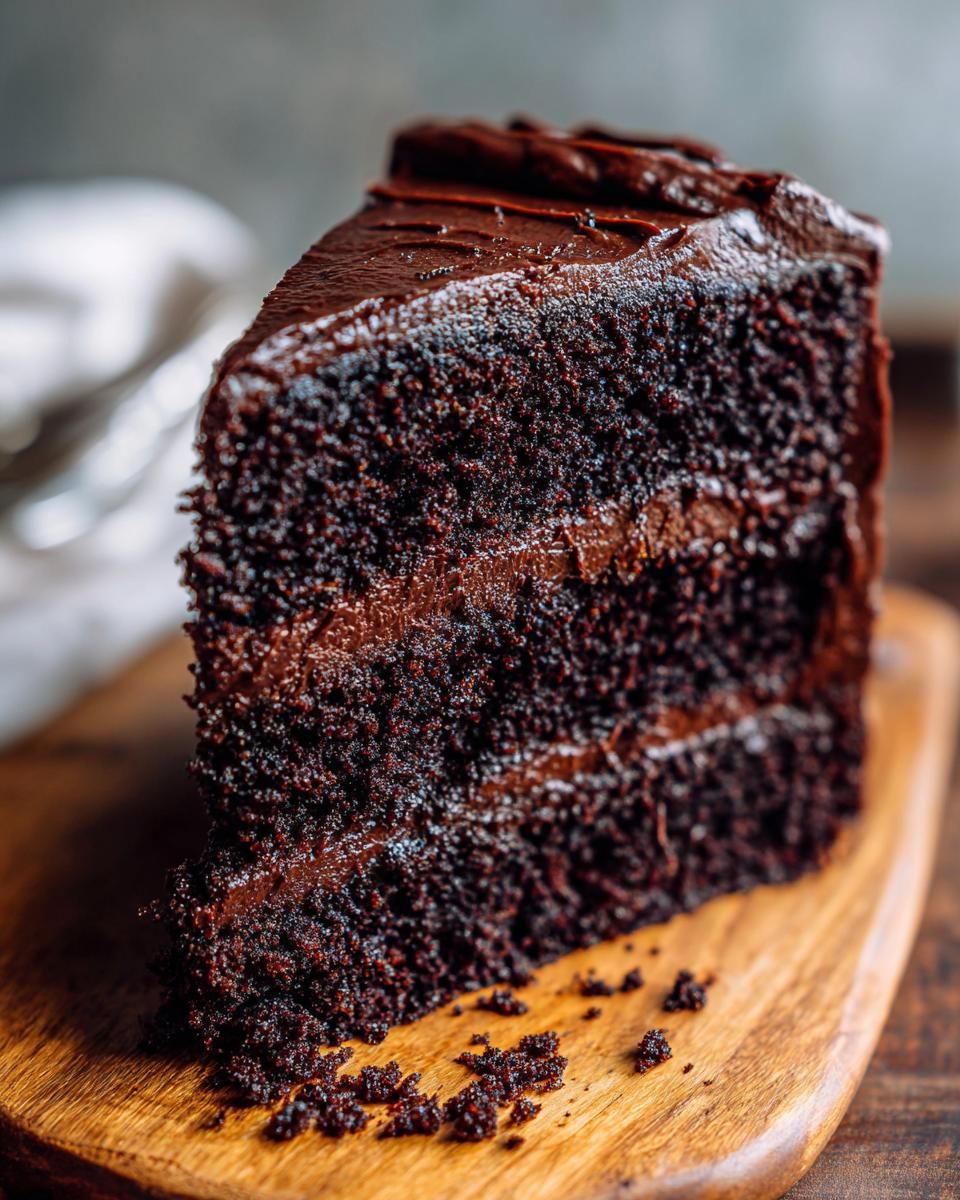 Close-up of a slice of Guinness Chocolate Layer Cake on a wooden board, showing layers and frosting.