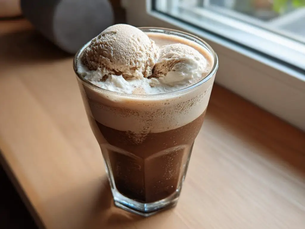 A glass of Guinness Chocolate Stout Float with ice cream.