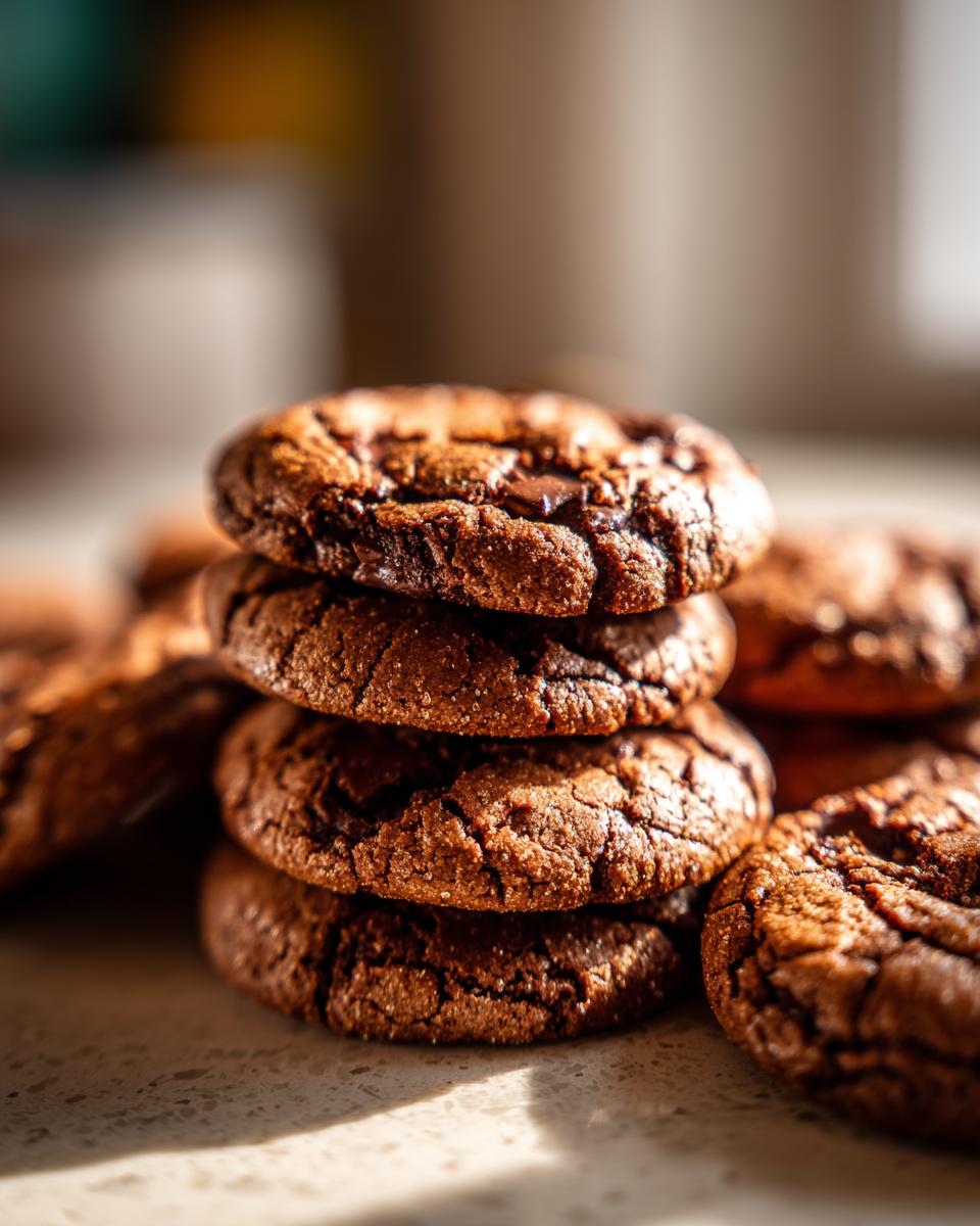 Close-up of a stack of Guinness Molasses Cookies, showing their texture and chocolate.