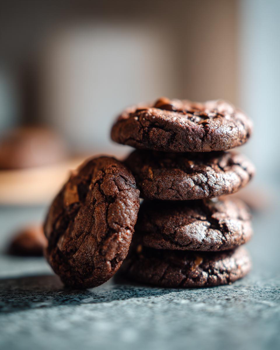 Close-up of a stack of freshly baked Guinness Molasses Cookies, showing their texture and dark color.