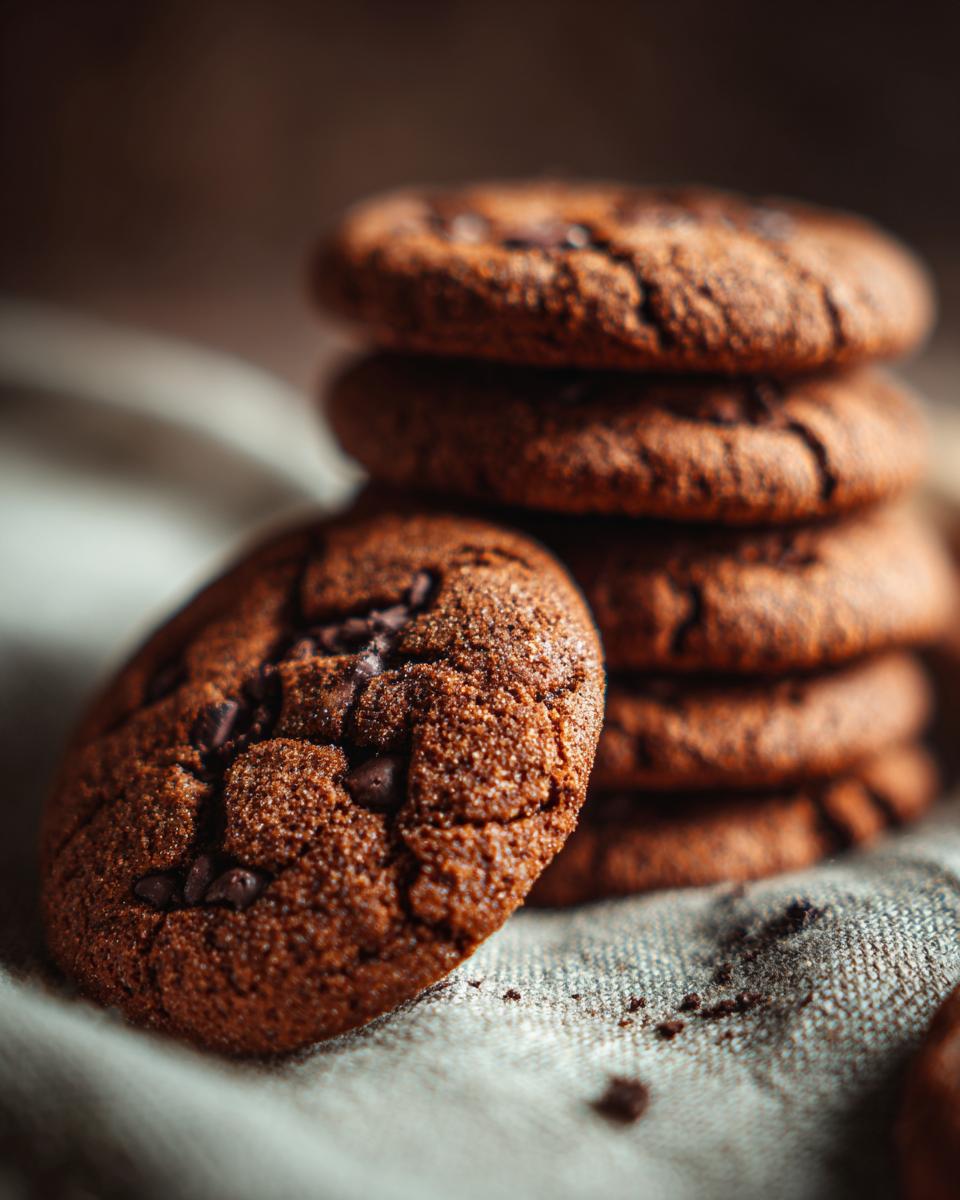 Close-up of a stack of Guinness Molasses Cookies, with chocolate chips, on a linen cloth.