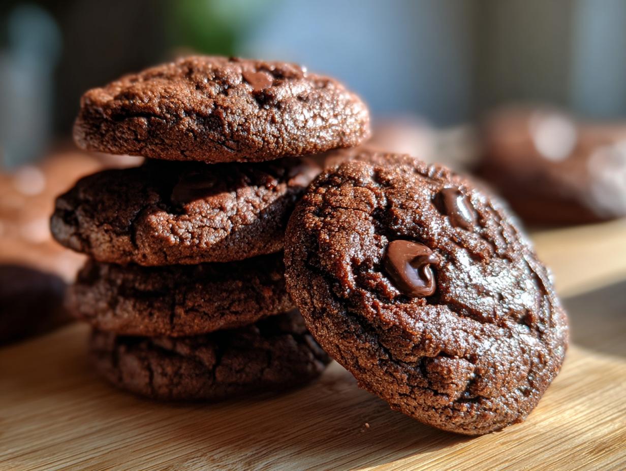 Close-up of a stack of Guinness Molasses Cookies with chocolate chips on a wooden surface.