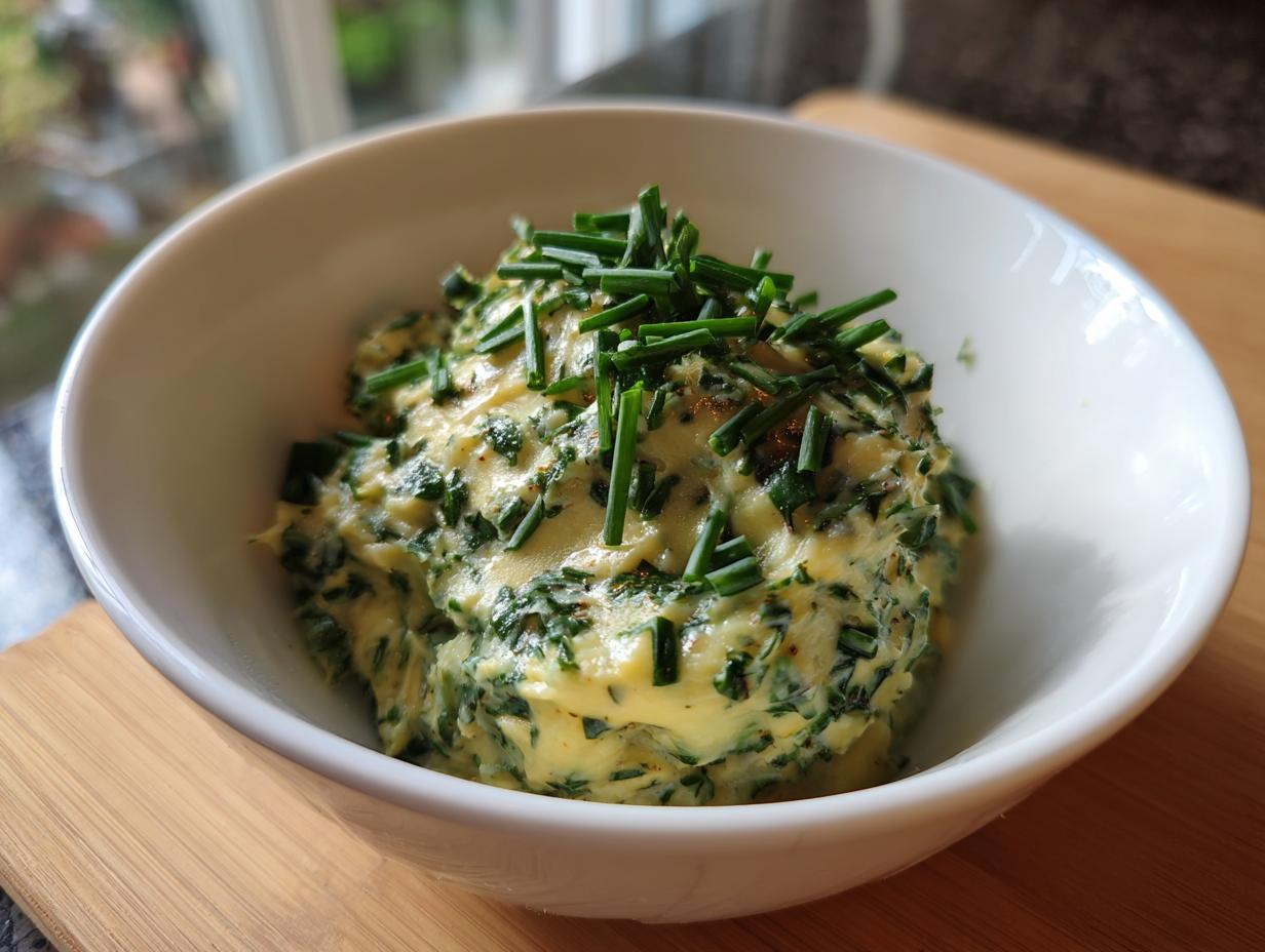 Unbelievably Easy Vegetarian Colcannon Soup in 3 Steps 1 Close-up of herb butter in a white bowl, perfect for Vegetarian Colcannon Soup.