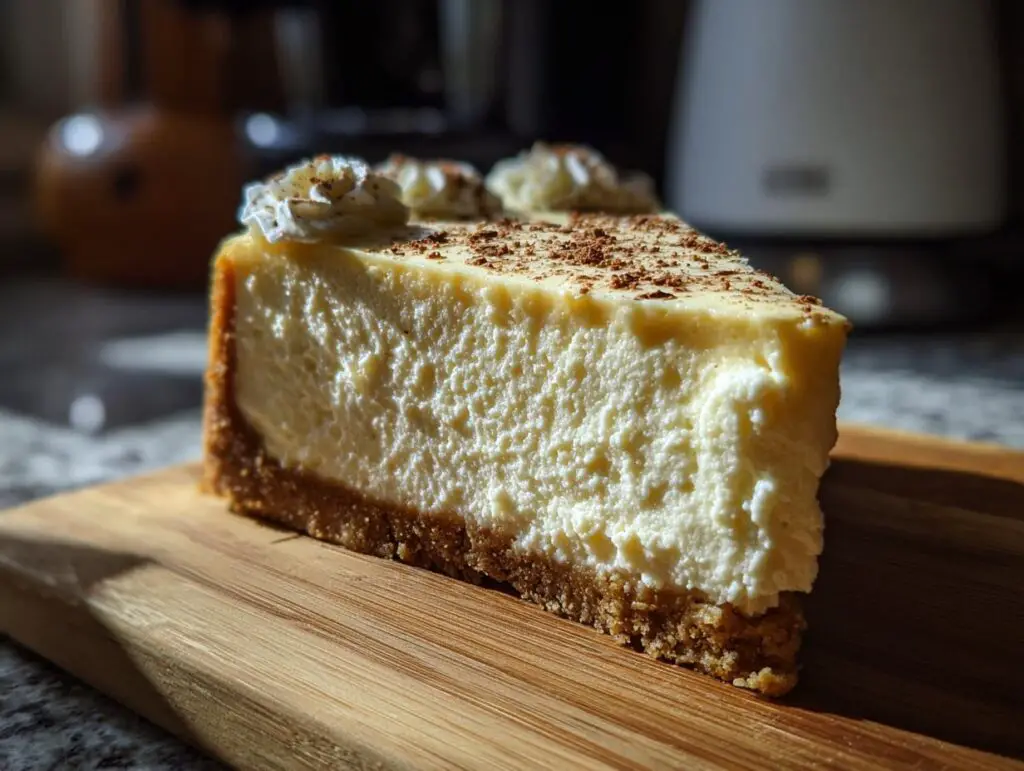 Close-up of a slice of Irish Cream Cheesecake on a wooden board, topped with whipped cream.