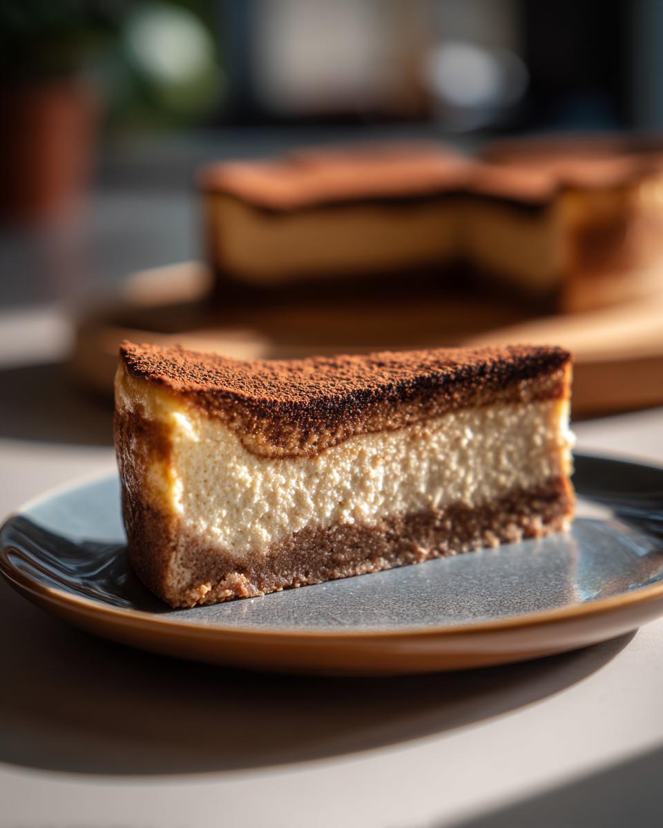 A slice of Irish Cream Cheesecake on a plate, showing layers of creamy filling and a cocoa topping.