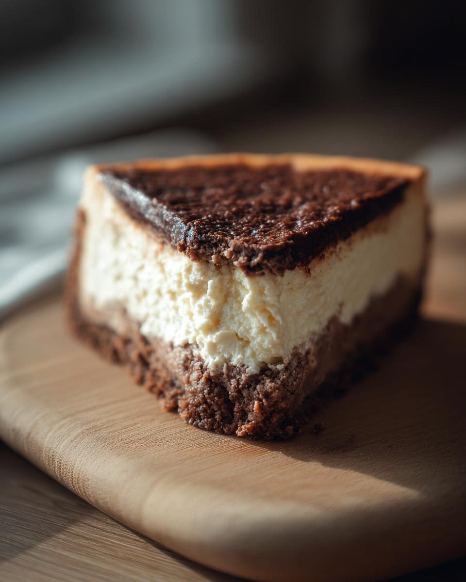 Close-up of a slice of Irish Cream Cheesecake on a wooden board, showing layers and texture.