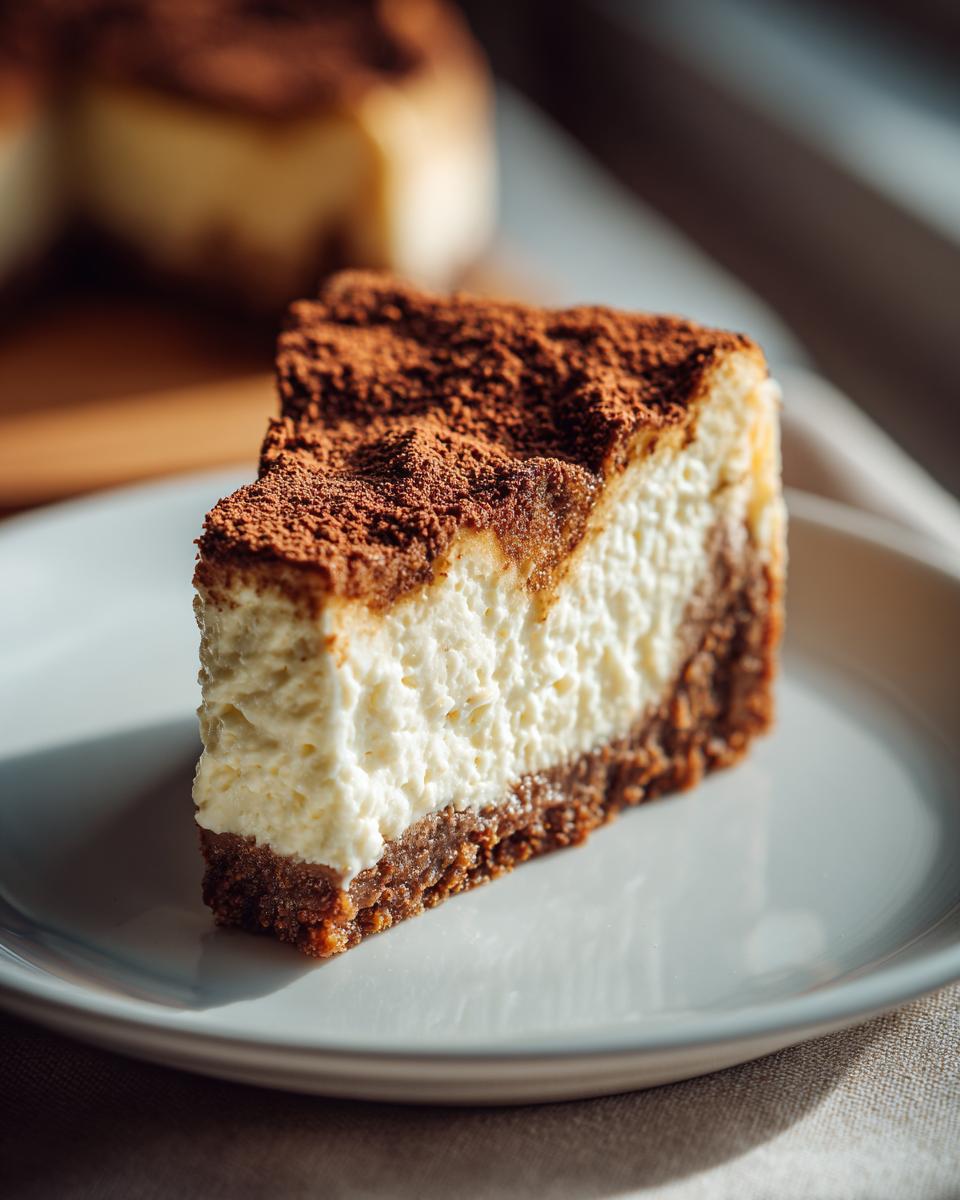 A single slice of Irish Cream Cheesecake dusted with cocoa powder, served on a white plate.