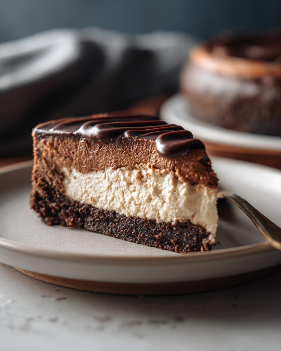 A slice of Irish Cream Cheesecake with chocolate layers, on a plate, ready to eat.