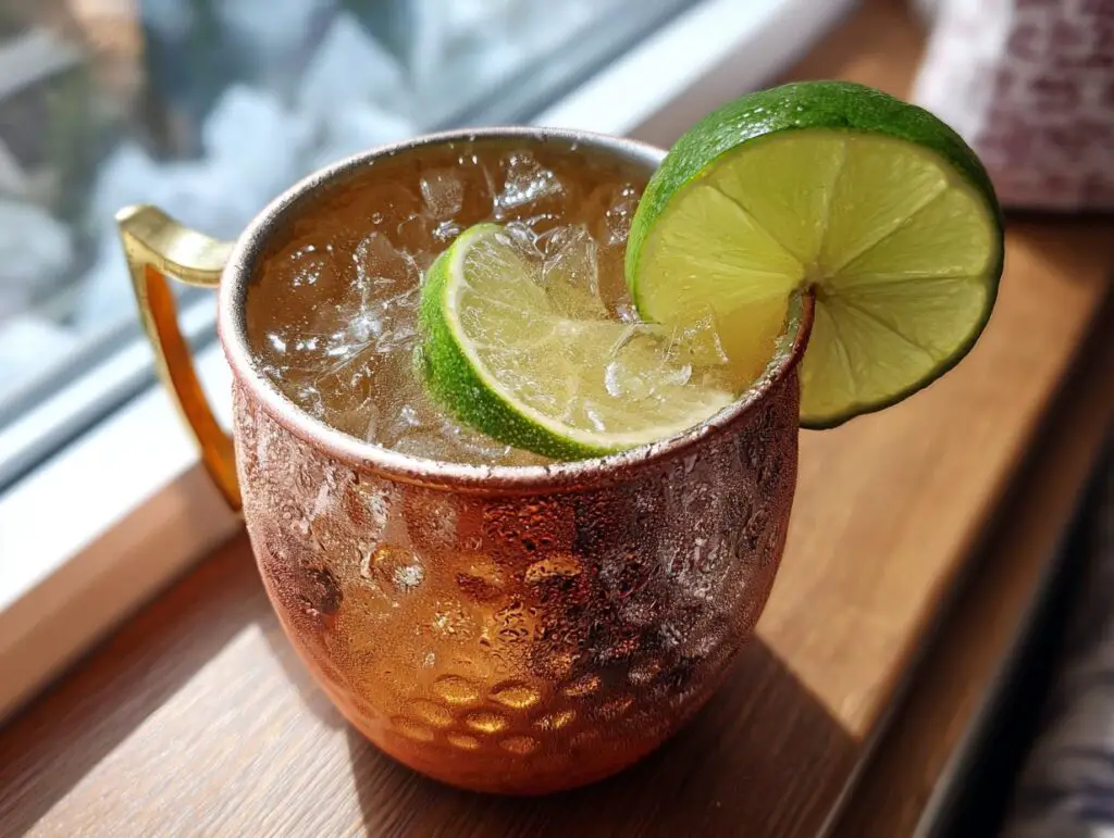 Close-up of an Irish Mule cocktail in a copper mug, garnished with lime slices and ice.