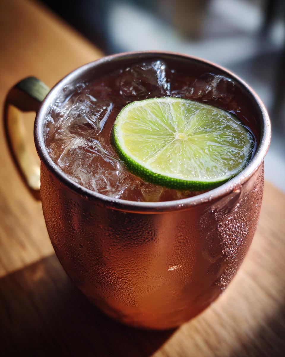 Close-up of an Irish Mule cocktail in a copper mug with ice and a lime slice.