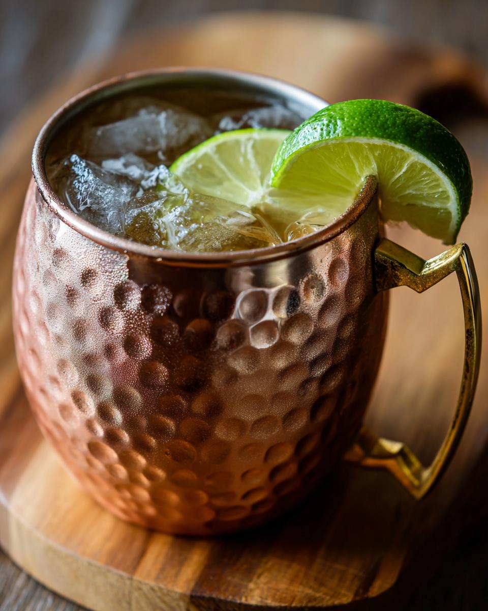 Close-up of an Irish Mule cocktail in a copper mug, garnished with lime.