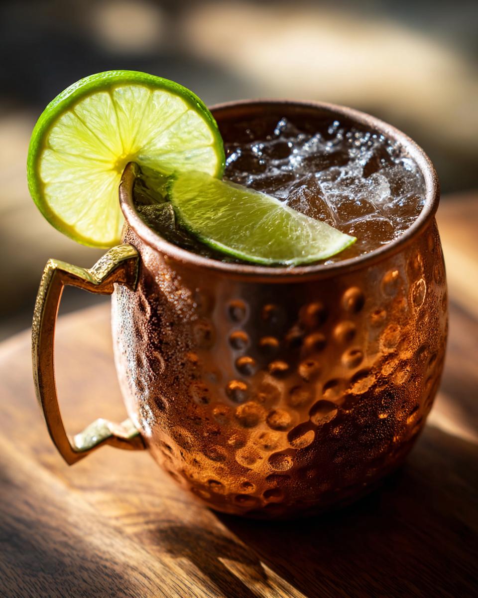 Close-up of an Irish Mule cocktail in a copper mug, garnished with lime.
