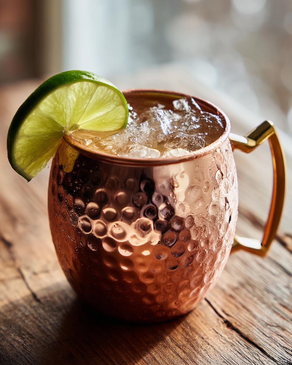 Close-up of an Irish Mule cocktail in a copper mug with a lime garnish.