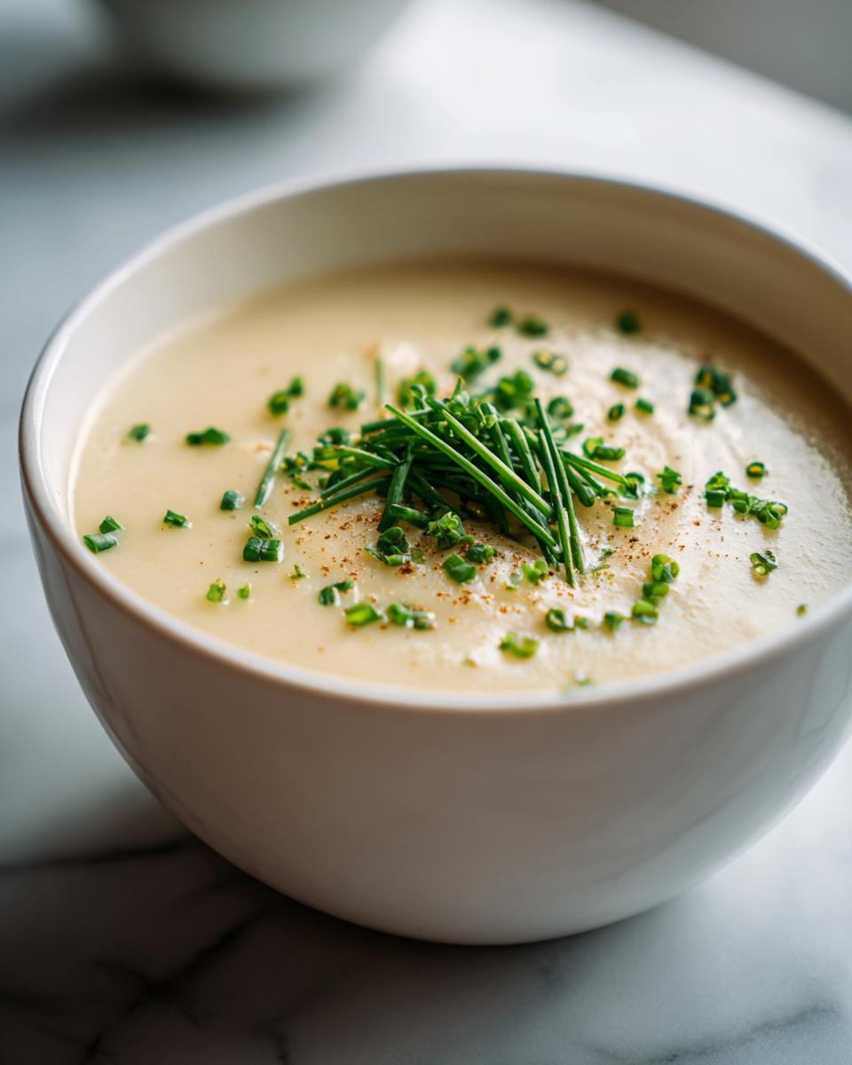 Close-up of a bowl of creamy Irish Potato and Leek Soup, garnished with chives.