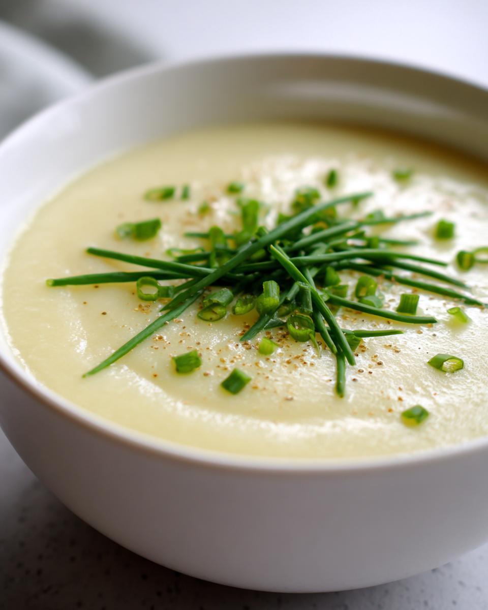 Close-up of a bowl of creamy Irish Potato and Leek Soup, garnished with fresh chives.