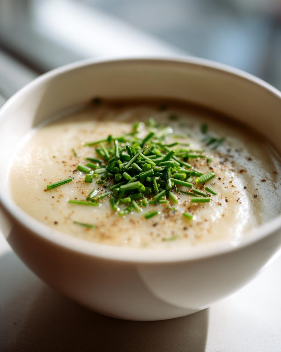 Close-up of a bowl of Irish Potato and Leek Soup, garnished with chives and pepper.