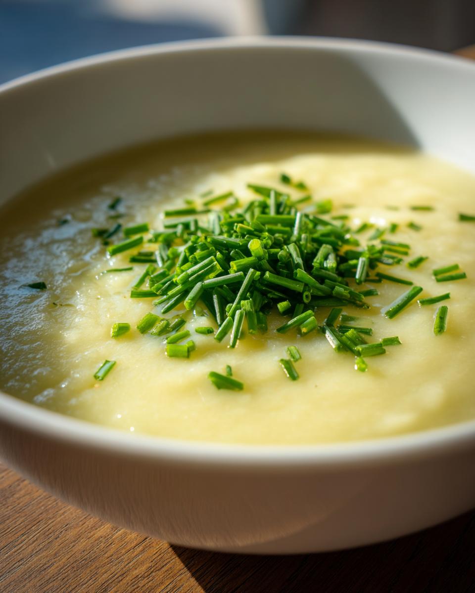 Close-up of a bowl of Irish Potato and Leek Soup, garnished with fresh chives.