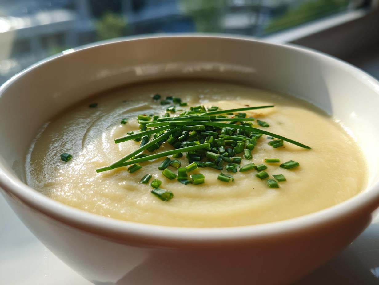 Close-up of a bowl of creamy Irish Potato and Leek Soup, garnished with fresh chives.