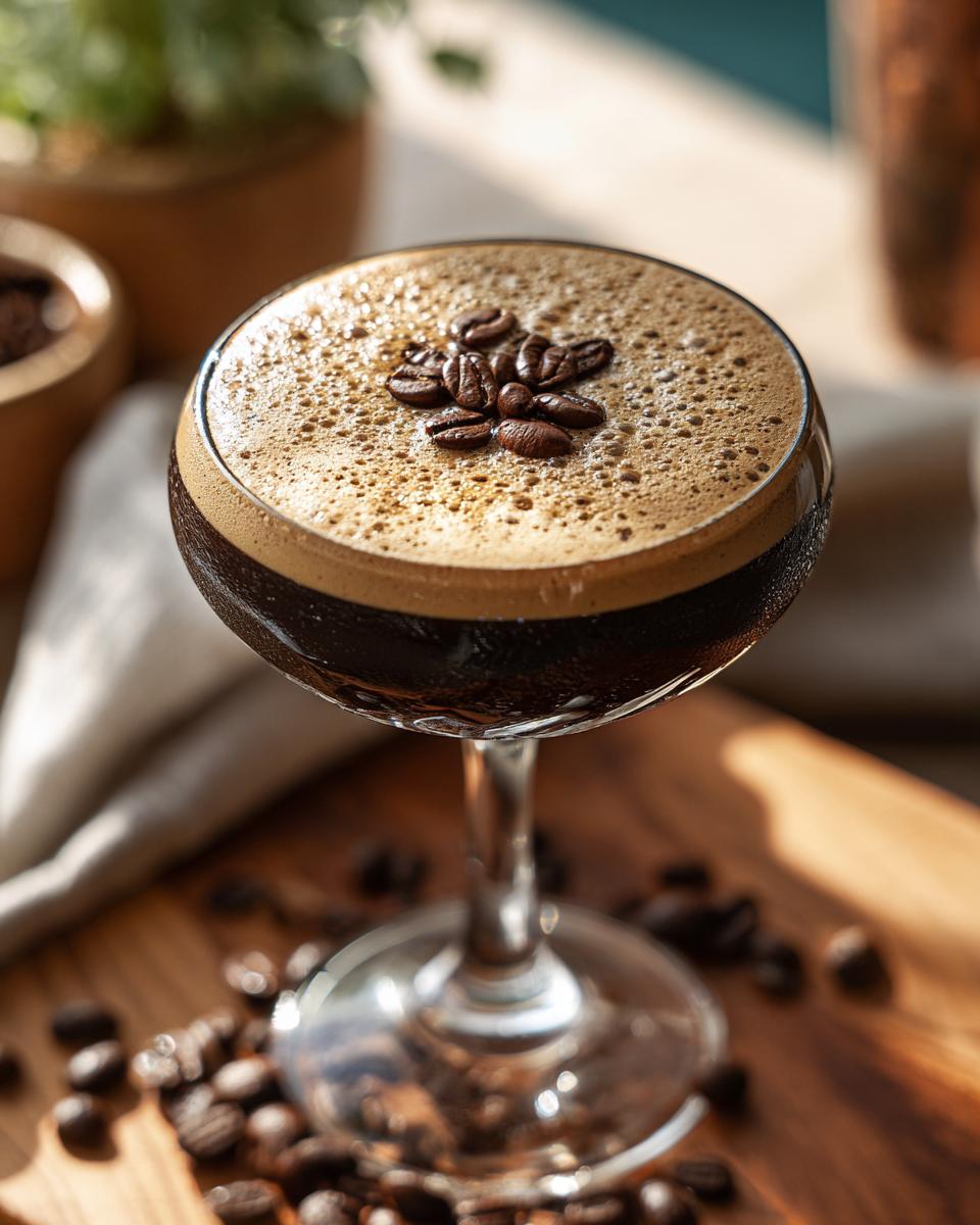 Close-up of an Irish Whiskey Espresso Martini garnished with coffee beans on a wooden board.