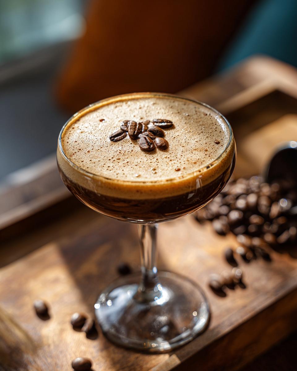 A chilled Irish Whiskey Espresso Martini garnished with coffee beans.