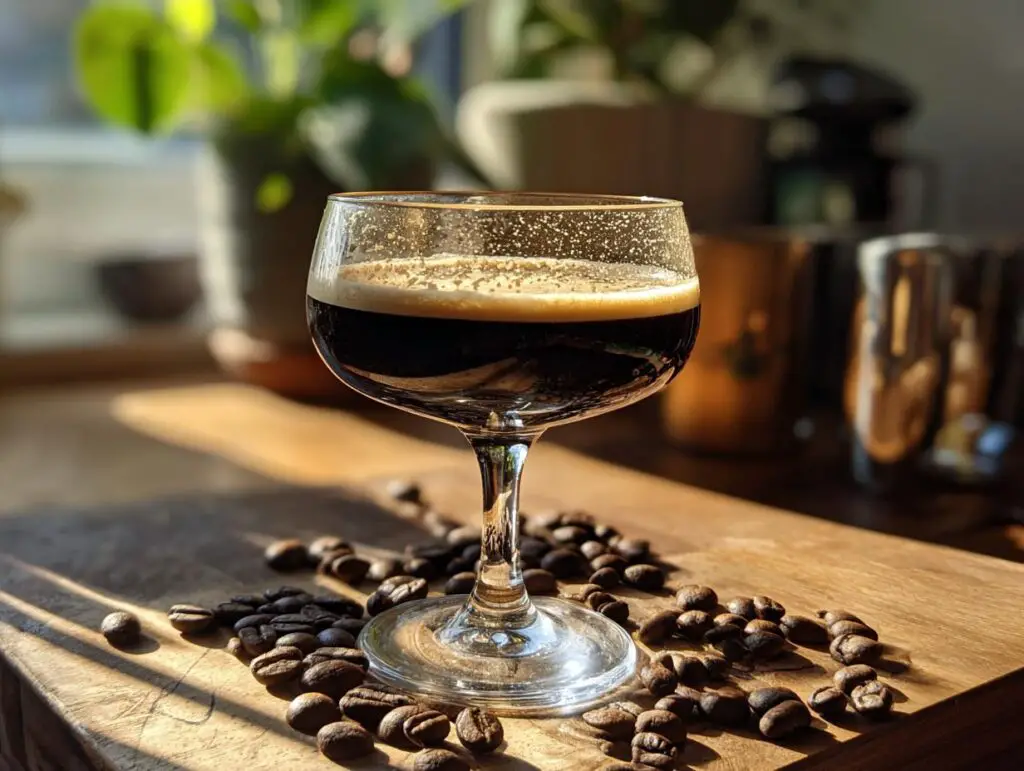 A chilled Irish Whiskey Espresso Martini in a stemmed glass, surrounded by coffee beans.