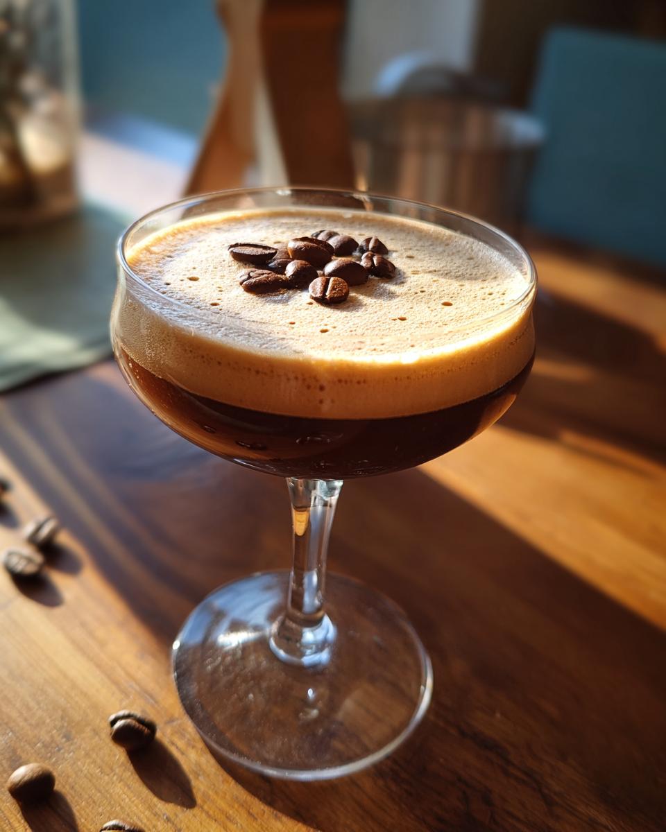 A chilled Irish Whiskey Espresso Martini garnished with coffee beans.