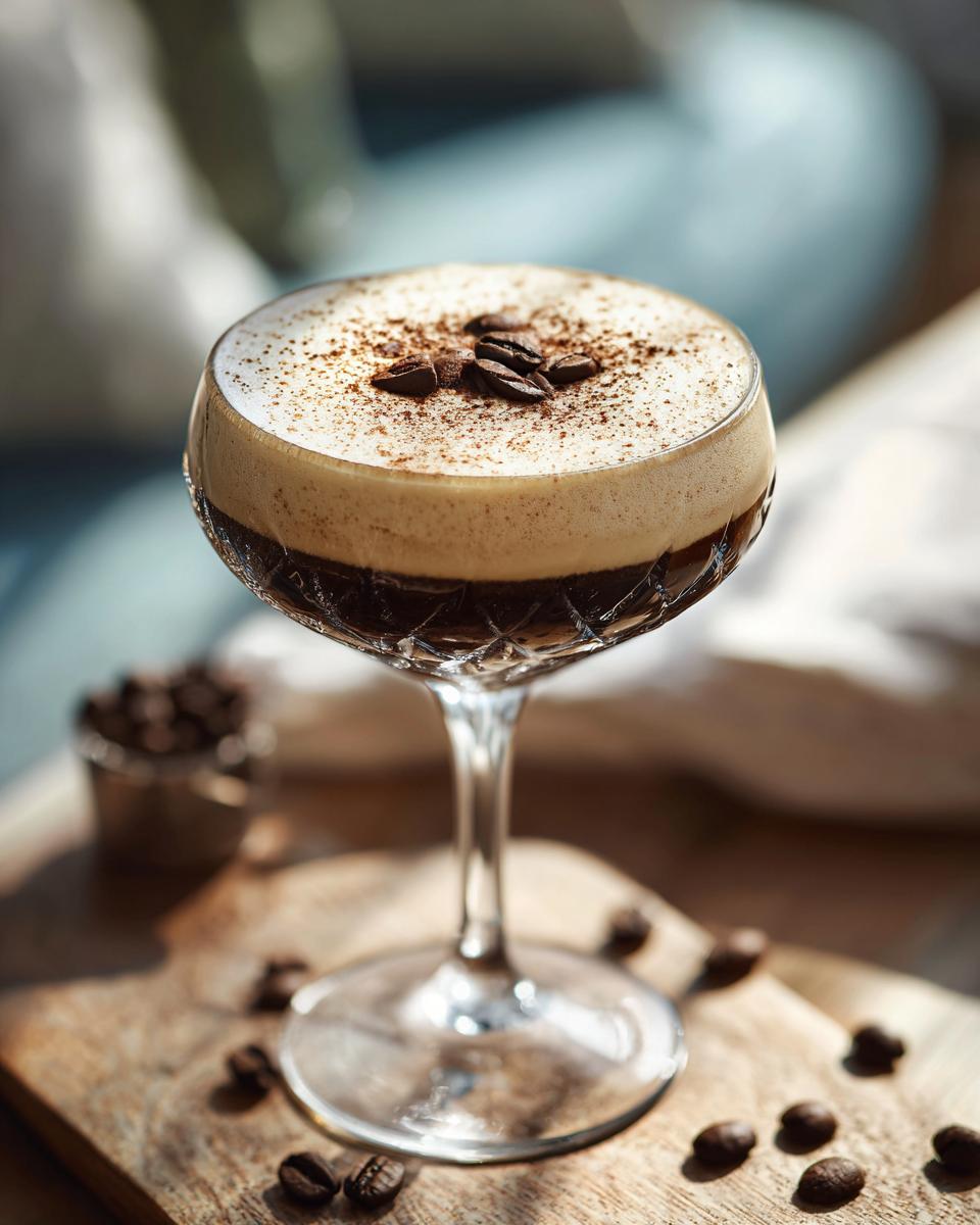 Close-up of an Irish Whiskey Espresso Martini in a stemmed glass, garnished with coffee beans.