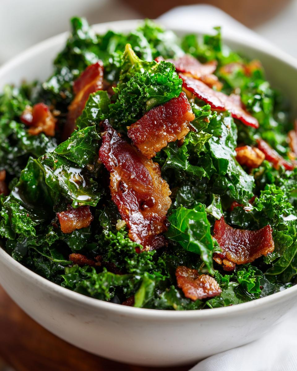 Close-up of a bowl of fresh Kale and Bacon Salad with crispy bacon pieces.