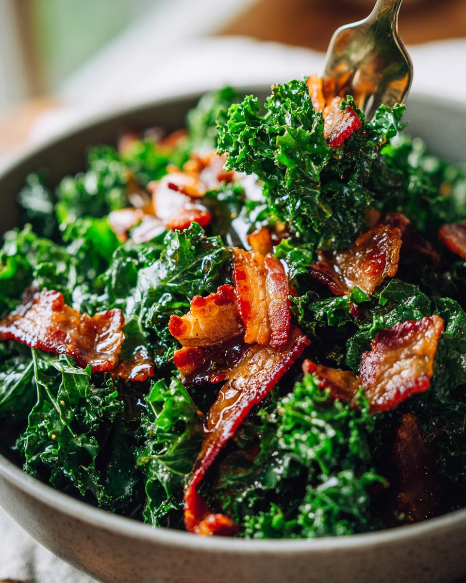 Close-up of a bowl of fresh Kale and Bacon Salad with crispy bacon pieces.