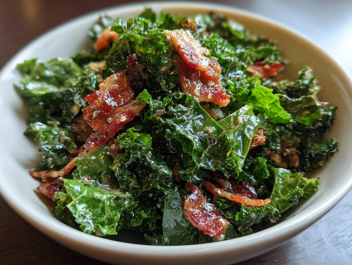 Close-up of a delicious Kale and Bacon Salad in a white bowl, showing fresh kale and crispy bacon.