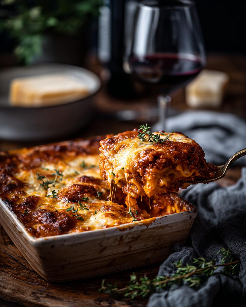 Close-up of a lasagna with a cheese pull. This Easy Lasagna Soup Recipe is a must-try!