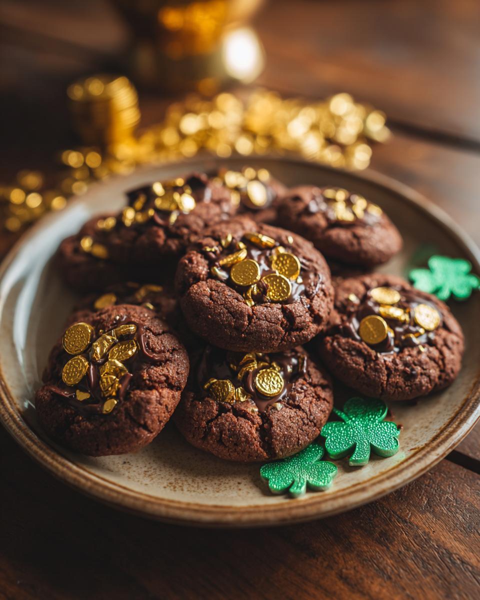 Plate of Leprechaun Gold Chocolate Coins Cookies, decorated with gold coins and shamrock.