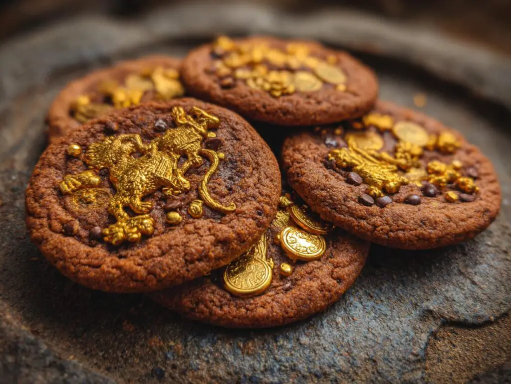 Close-up of Leprechaun Gold Chocolate Coins Cookies, decorated with gold details.