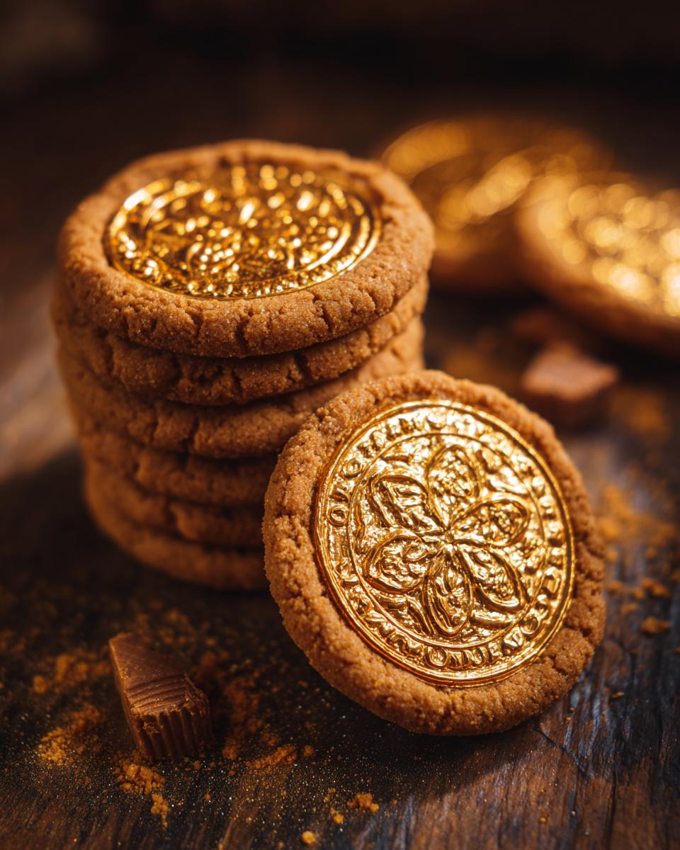 Close-up of a stack of Leprechaun Gold Chocolate Coins Cookies with a golden coin on top.