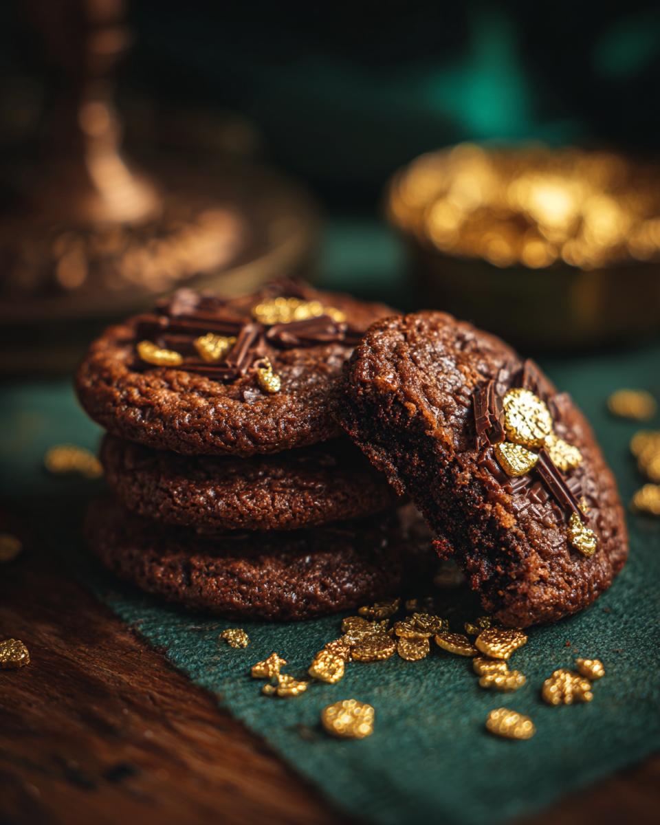 Close-up of a stack of Leprechaun Gold Chocolate Coins Cookies with gold sprinkles.