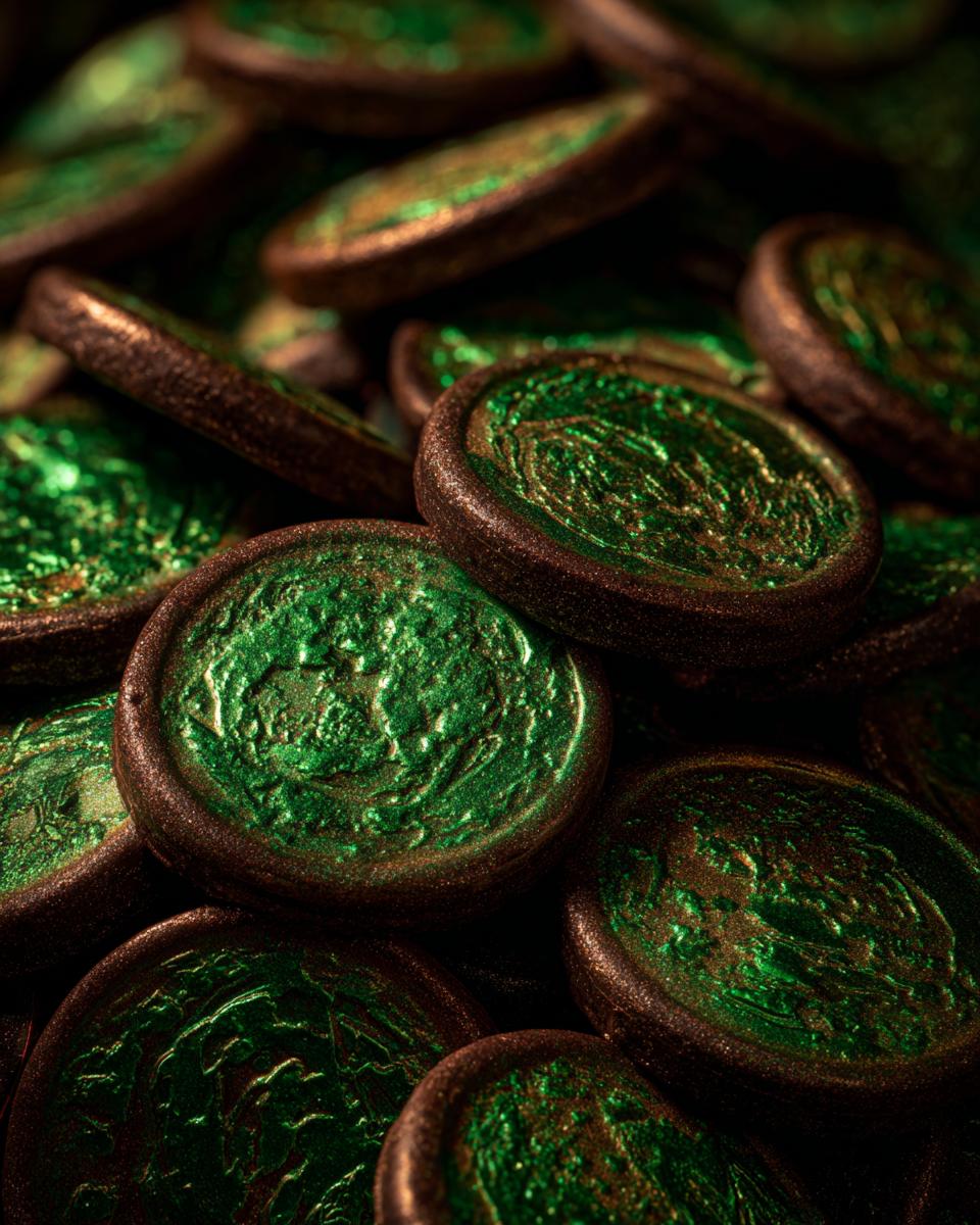 Close-up of Leprechaun Gold Chocolate Coins, green and gold colored chocolate coins.