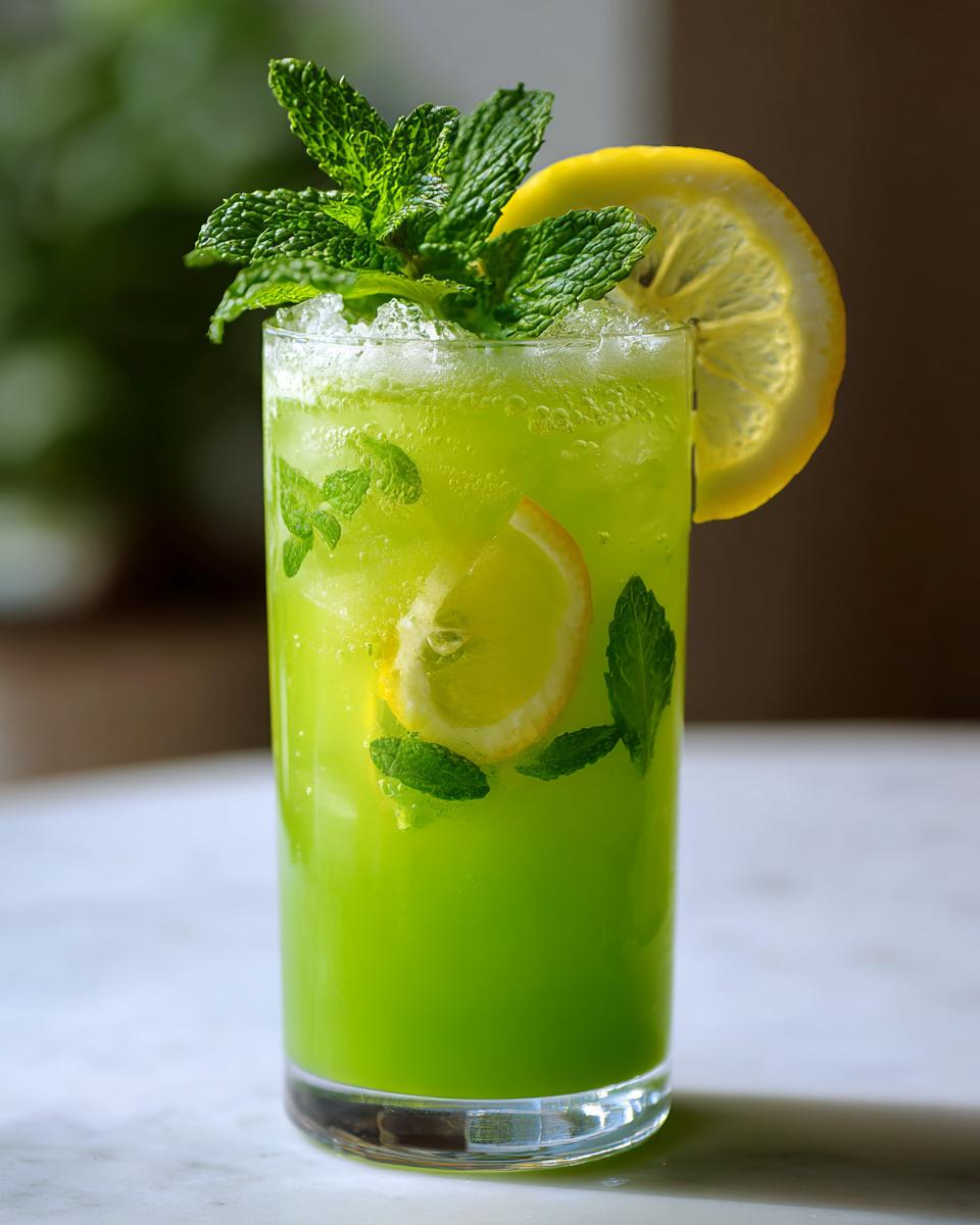 A vibrant green Leprechaun Lemonade with Mint cocktail garnished with lemon and mint sprigs.