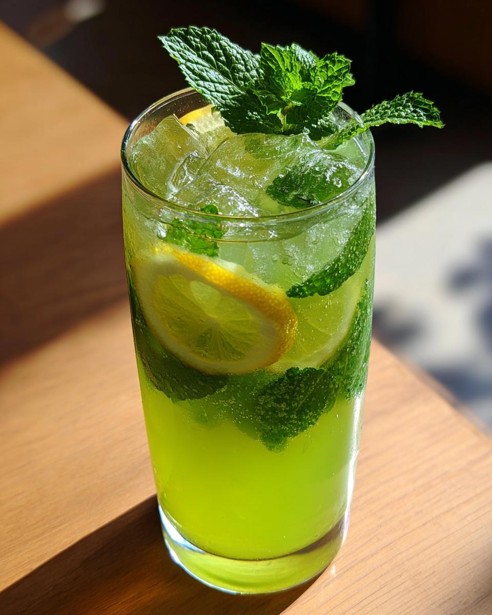 A tall glass of Leprechaun Lemonade with Mint, garnished with fresh mint and lemon slices.