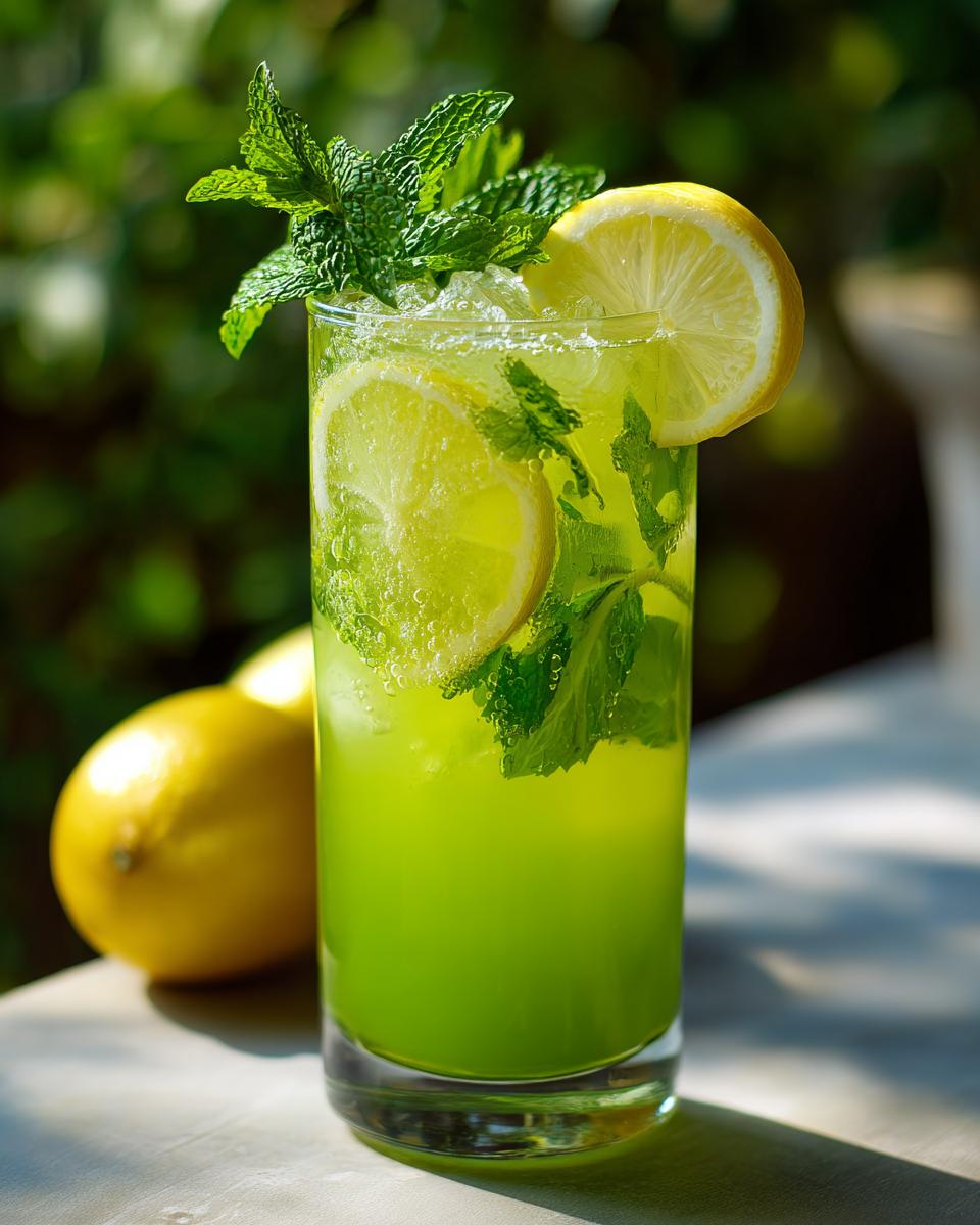 A tall glass of Leprechaun Lemonade with mint, lemon slices, and ice.
