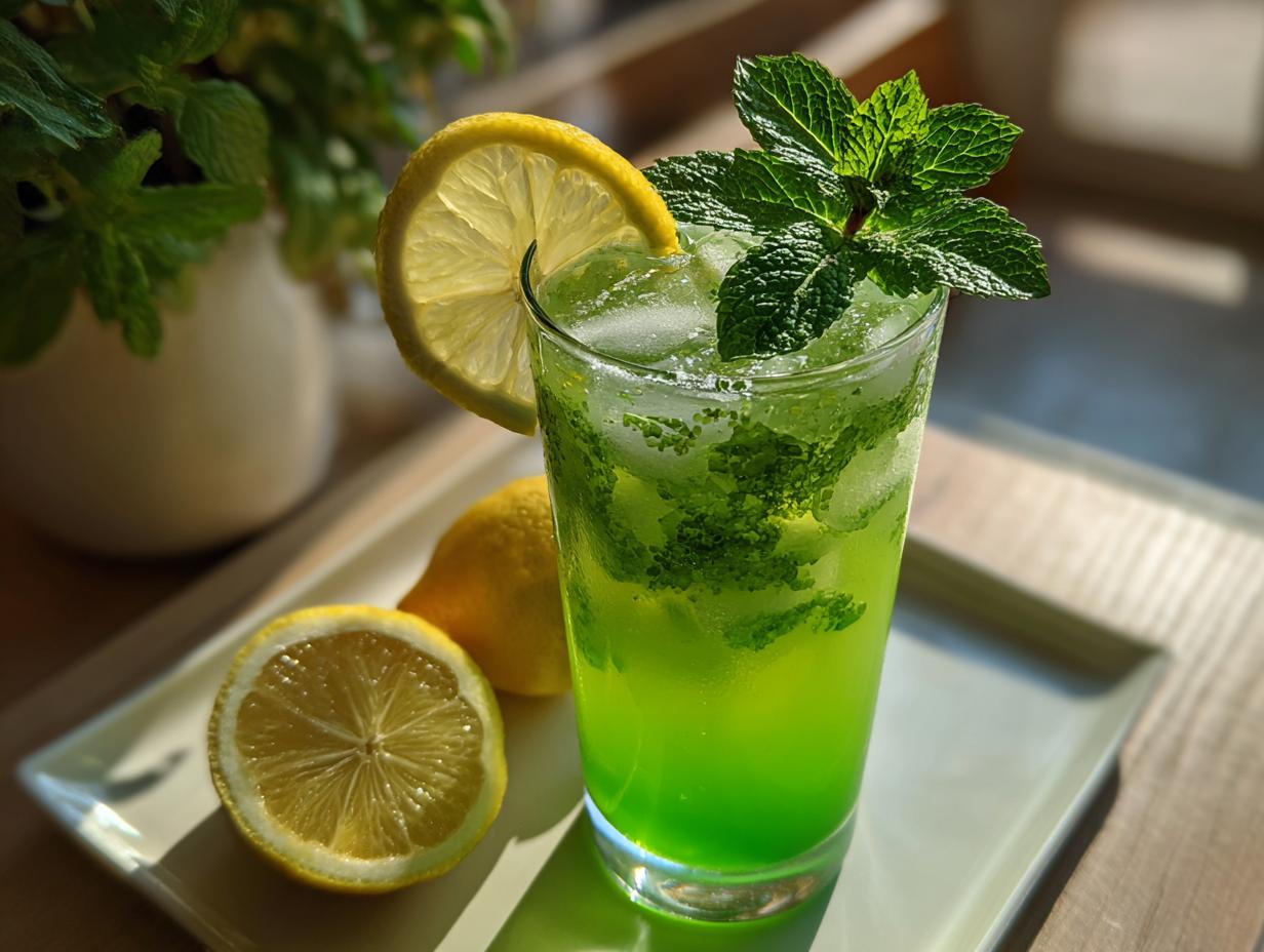 A vibrant glass of Leprechaun Lemonade with Mint, garnished with lemon and fresh mint leaves.