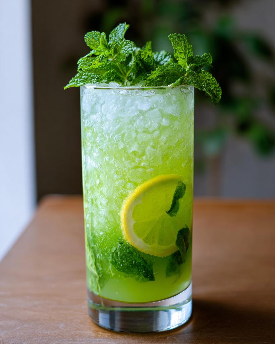 Tall glass of Leprechaun Lemonade with Mint, garnished with fresh mint and a lemon slice.