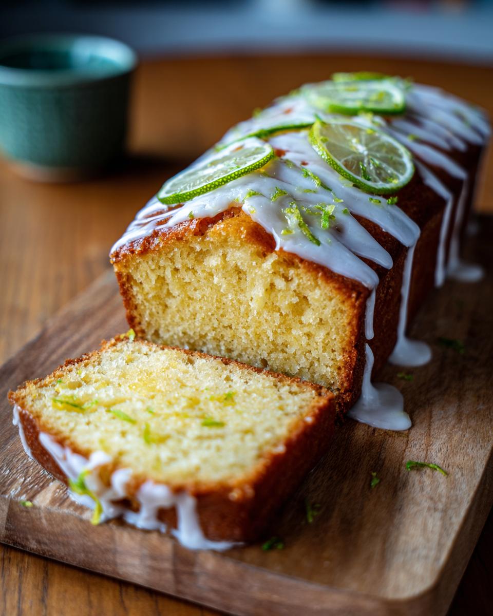 A loaf of Lime & White Chocolate Drizzle Cake, sliced and garnished with lime.