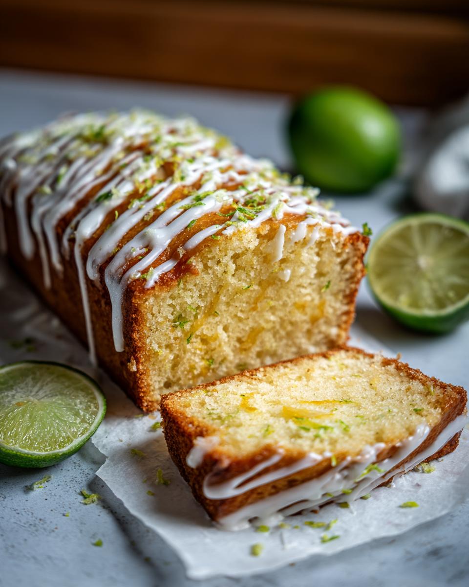 A slice of Lime & White Chocolate Drizzle Cake with white chocolate drizzle and lime zest.