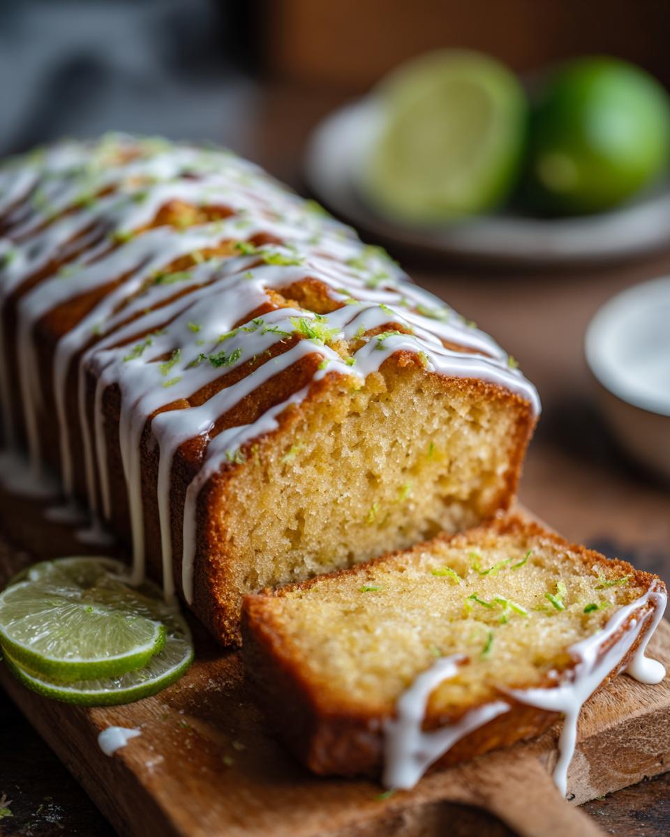 A slice of Lime & White Chocolate Drizzle Cake with white chocolate drizzle and lime zest.