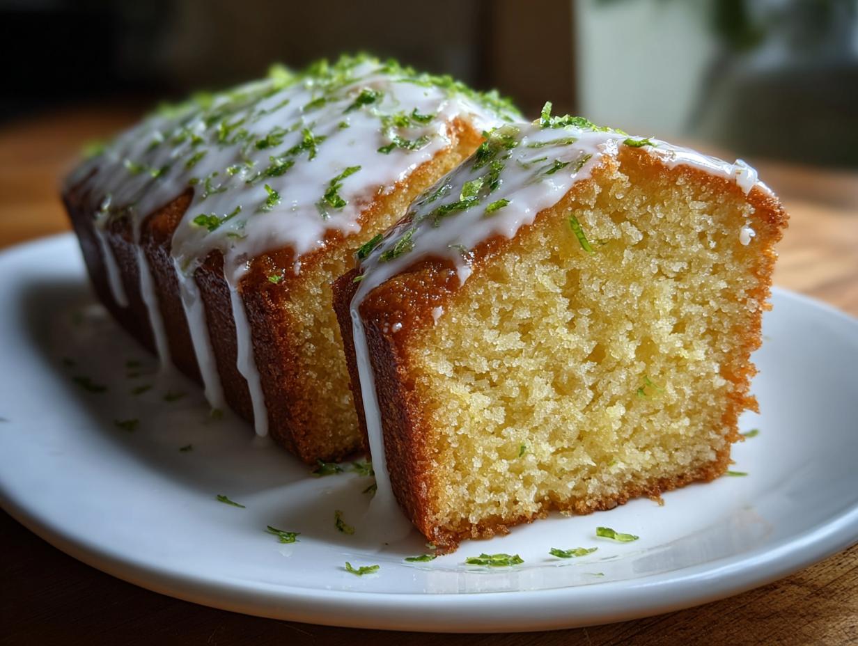Close-up of sliced Lime & White Chocolate Drizzle Cake, with white chocolate drizzle and lime zest.