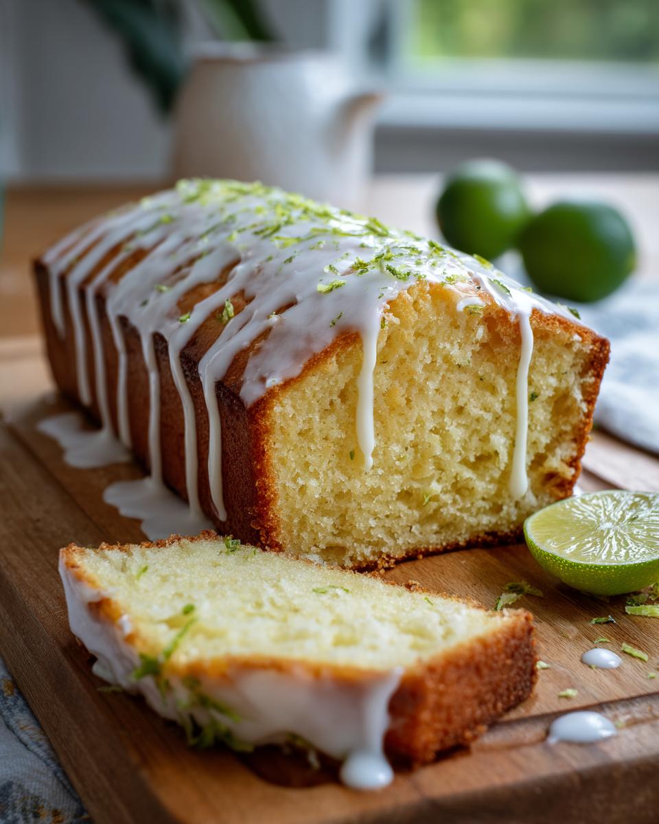 A loaf of Lime & White Chocolate Drizzle Cake with a slice cut, drizzled with white chocolate.