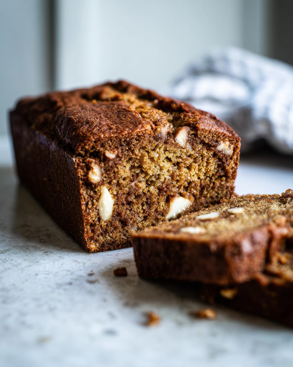 Close-up of a sliced Matcha White Chocolate Loaf Cake, showing the texture and white chocolate chunks.