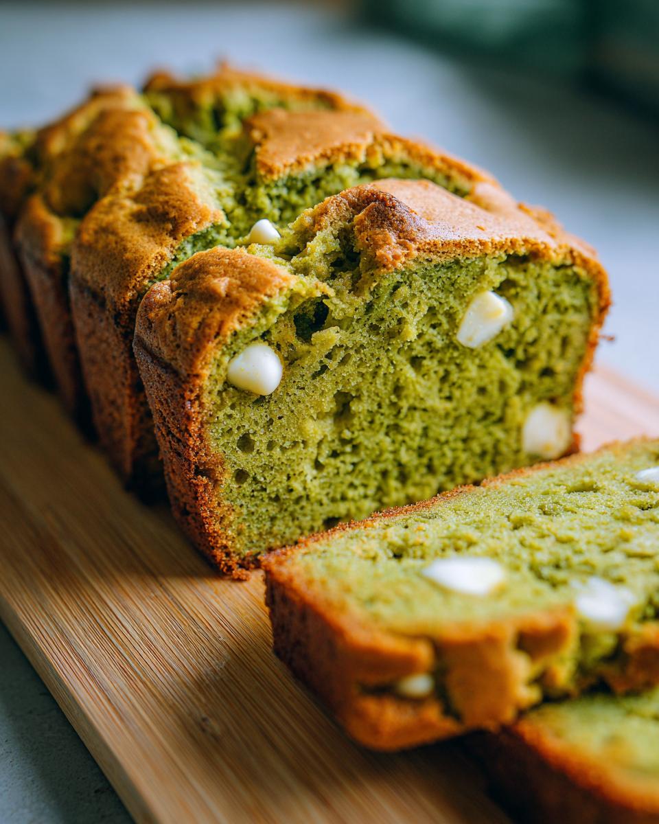 Close-up of sliced Matcha White Chocolate Loaf Cake, showing the green cake and white chocolate chips.